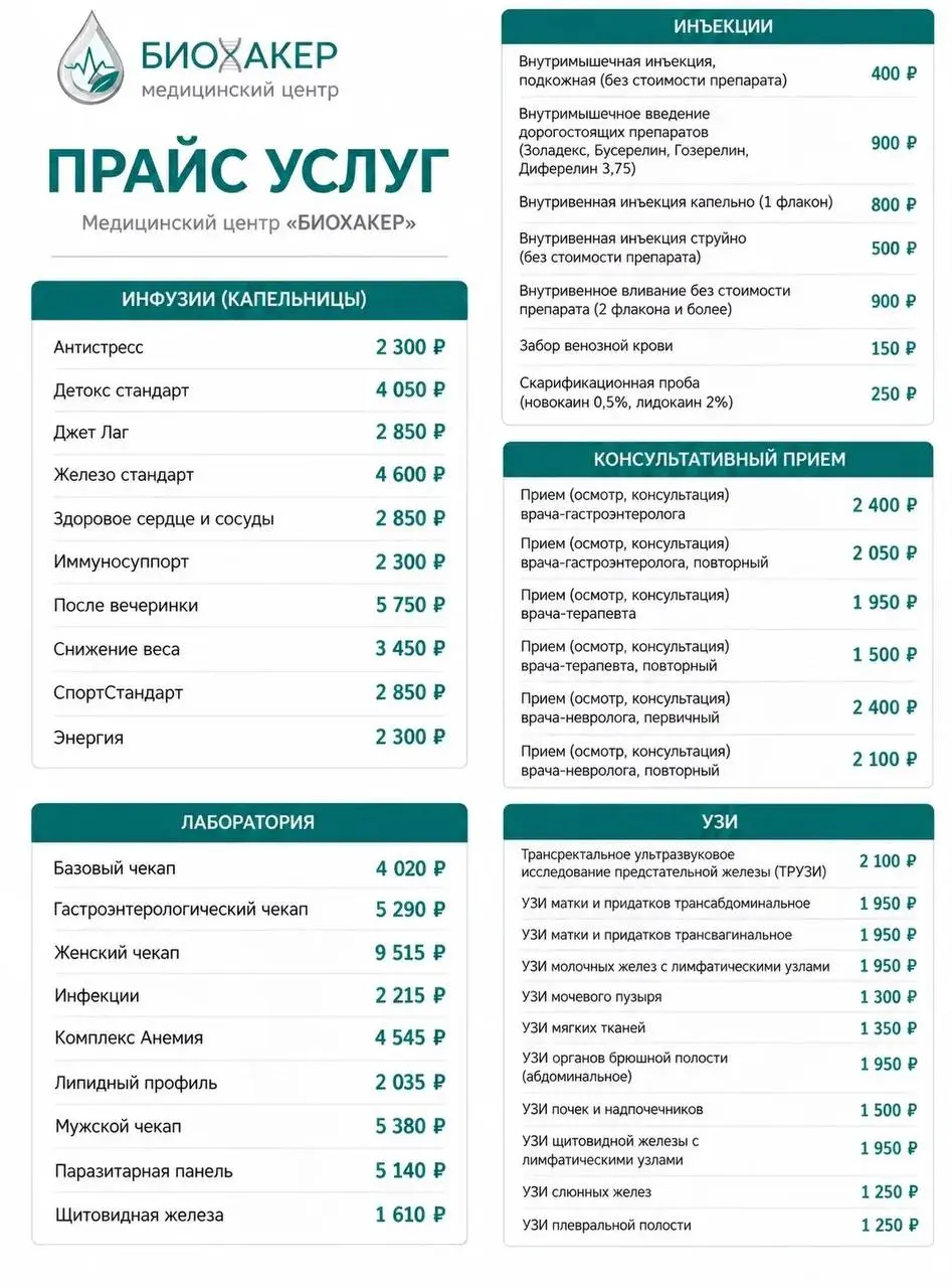 Прайс медицинского центра Биохакер на октябрь 2026 года